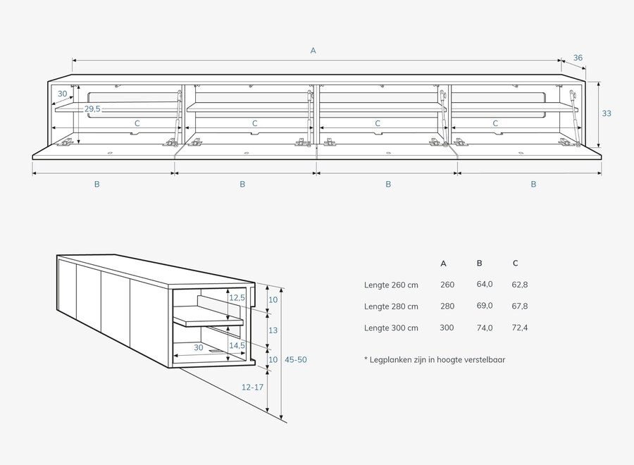 Zwevend tv meubel met 4 kleppen in kleur na keuze