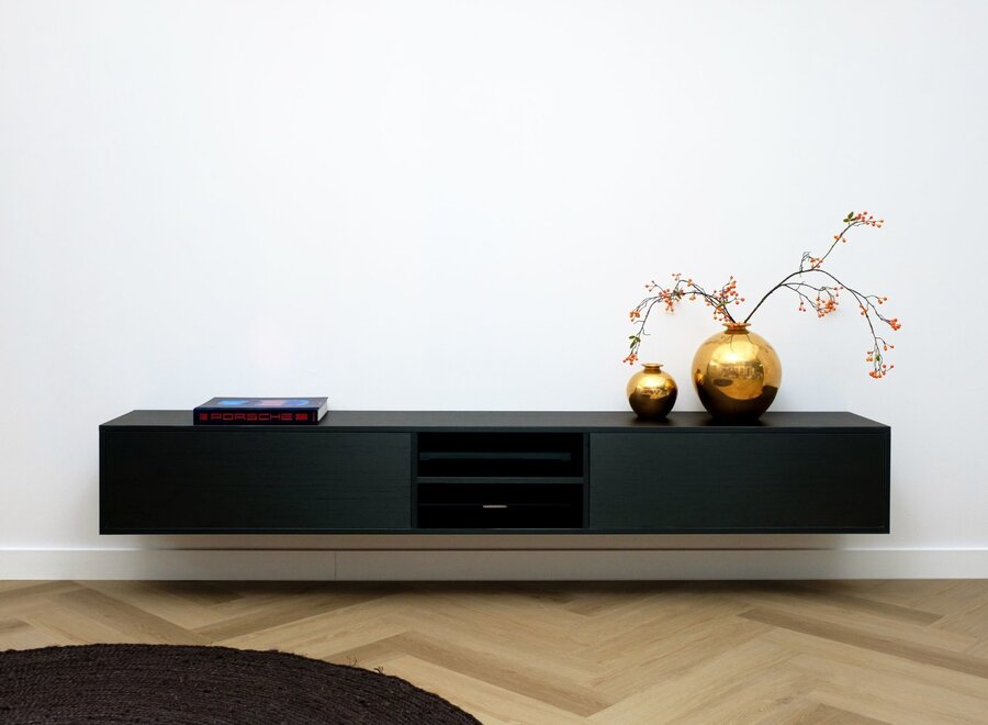 Zwevend tv meubel met open vak en 2 kleppen in zwart eiken