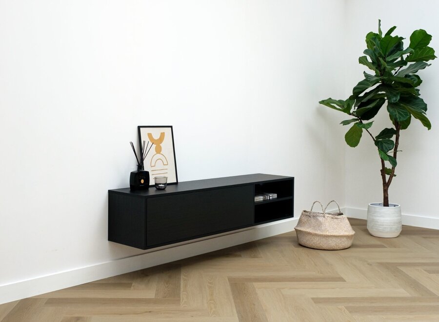 Zwevend tv meubel met open vak in zwart eiken