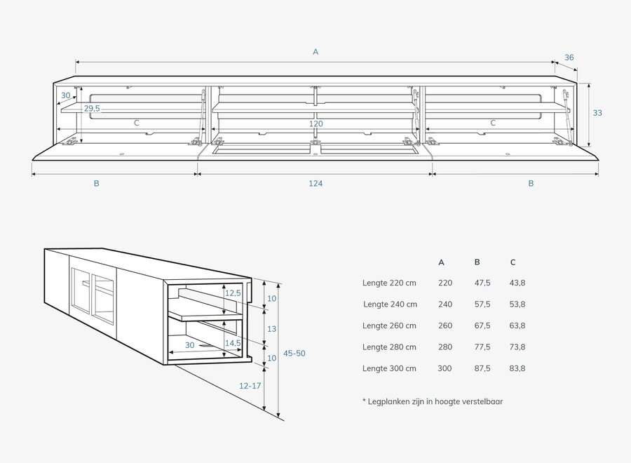 Zwevend Tv meubel met speakerdoek - 3 kleppen - in kleur naar keuze