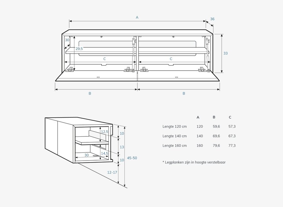Zwevend Tv meubel met 2 kleppen - in kleur naar keuze