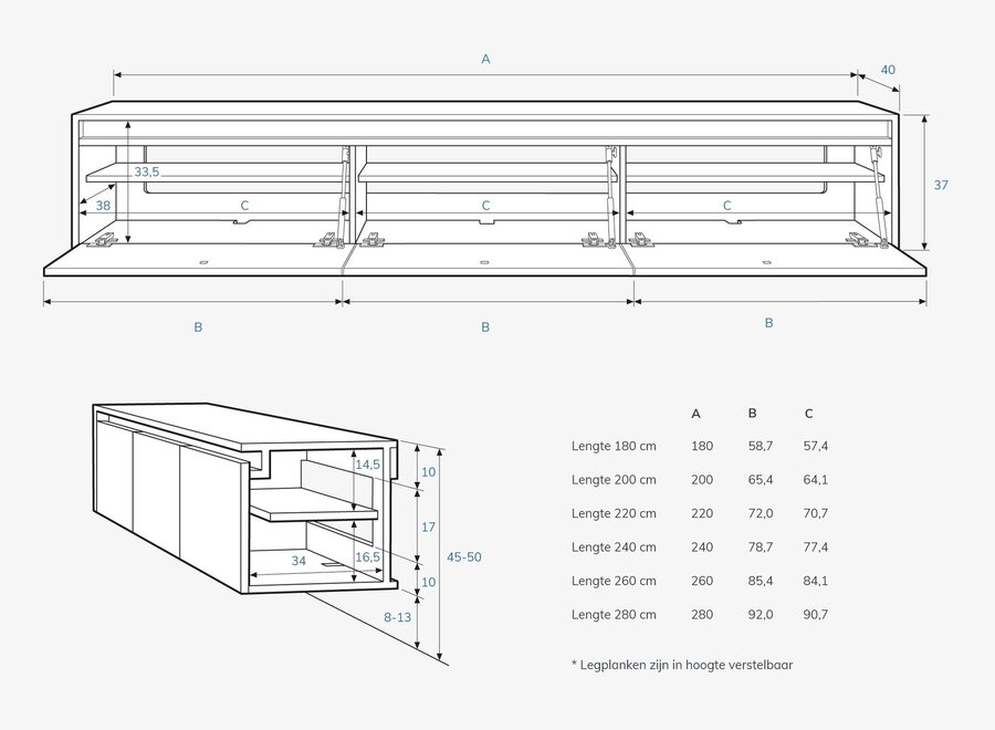 Zwevend tv meubel met 3 kleppen en greeplijst in eiken fineer gelakt