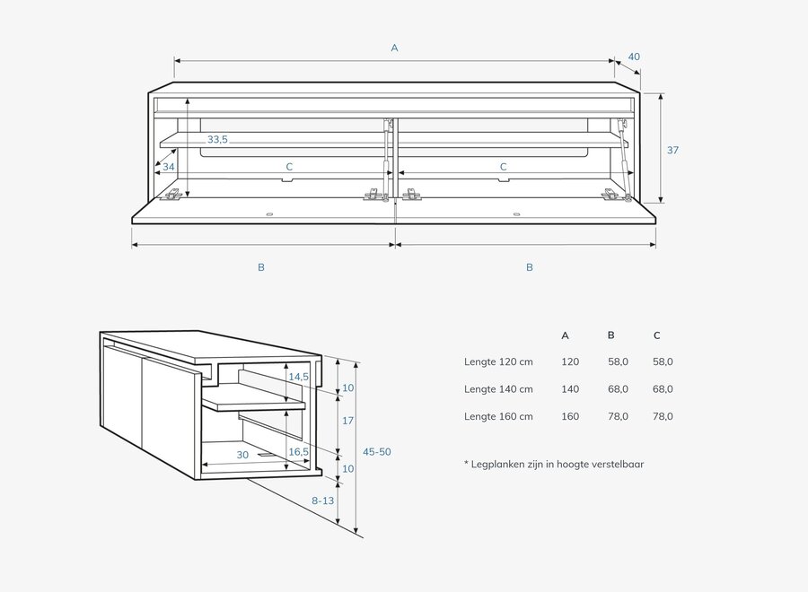 Zwevend tv meubel greeplijst model met 2 kleppen in eiken fineer en gekleurde fronten glad