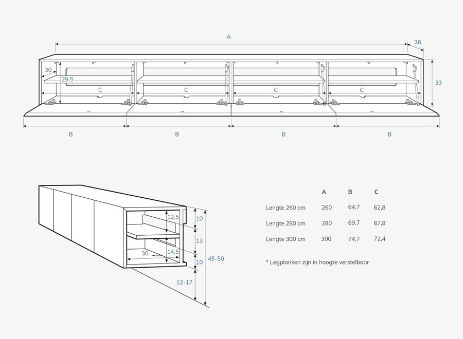 Zwevend Tv meubel met 4 kleppen - in kleur naar keuze