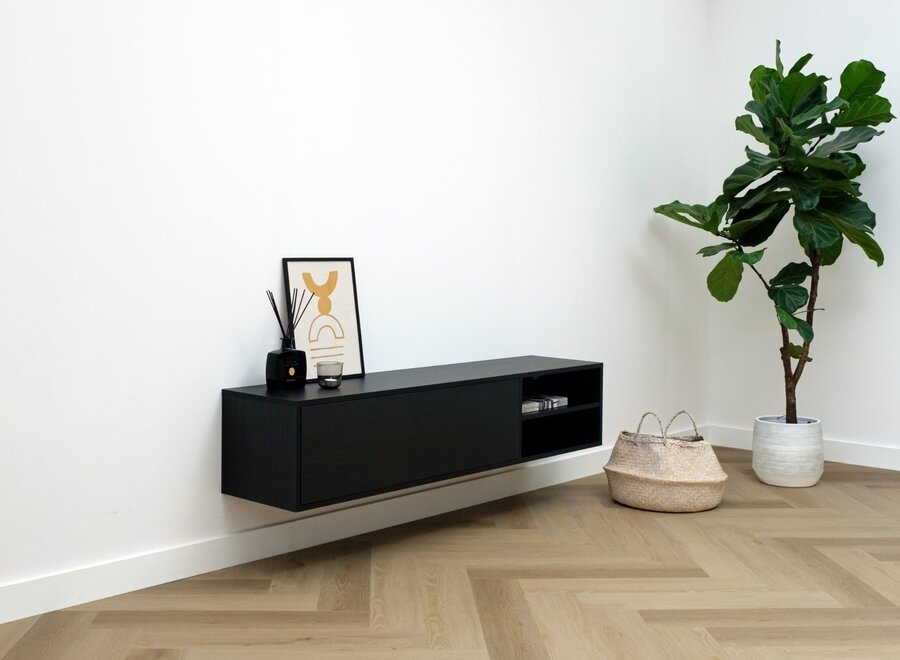 Zwevend tv meubel met open vak in zwart eiken