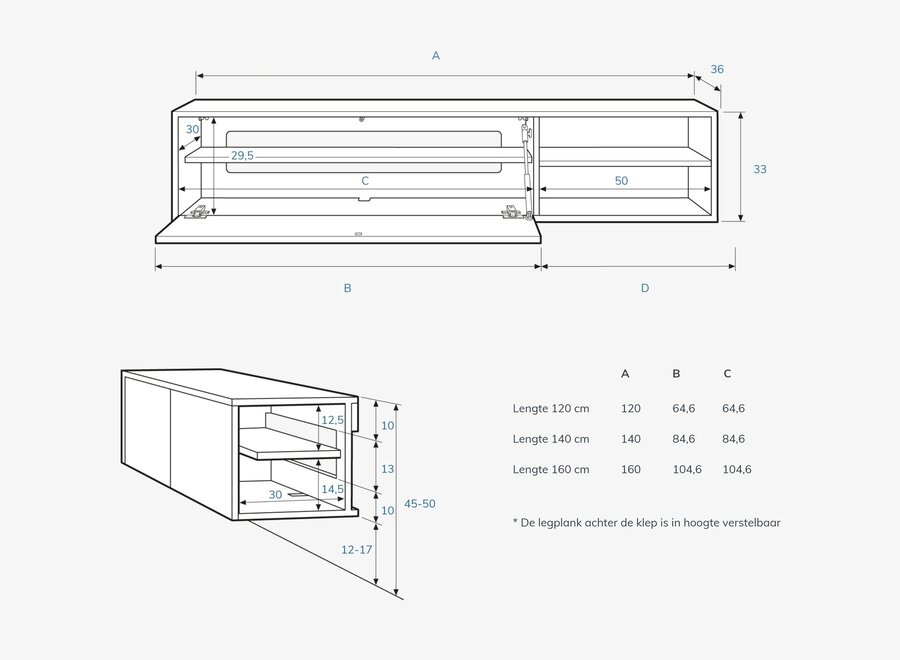 Zwevend tv meubel met open vak in zwart eiken