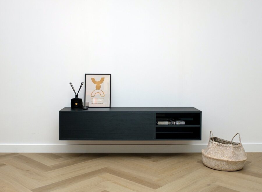 Tv meubel open vak en 1 klep in zwart eiken