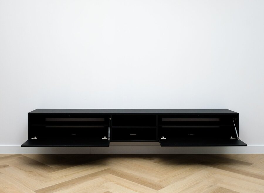 Zwevend tv meubel met open vak en 2 kleppen in zwart eiken