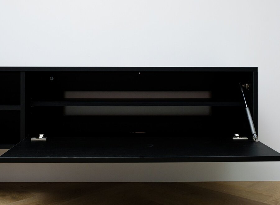 Zwevend tv meubel met open vak en 2 kleppen in zwart eiken