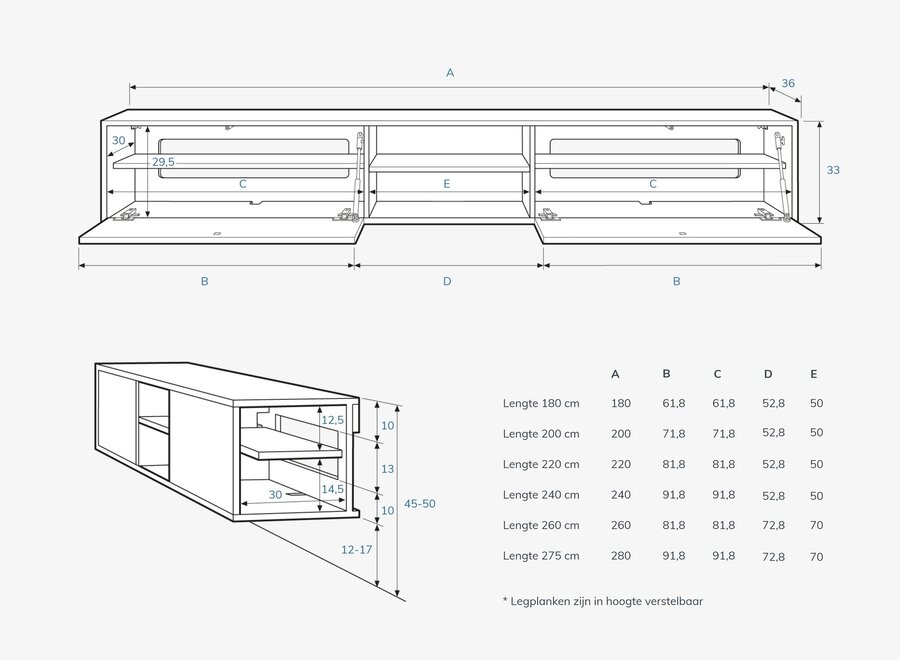 Zwevend tv meubel met open vak en 2 kleppen in zwart eiken