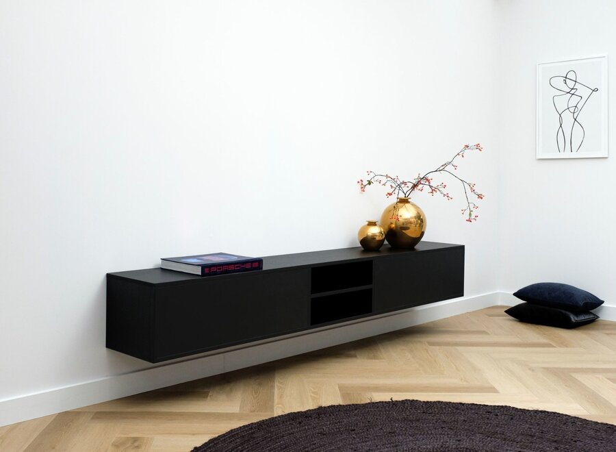 Zwevend tv meubel met open vak en 2 kleppen in zwart eiken