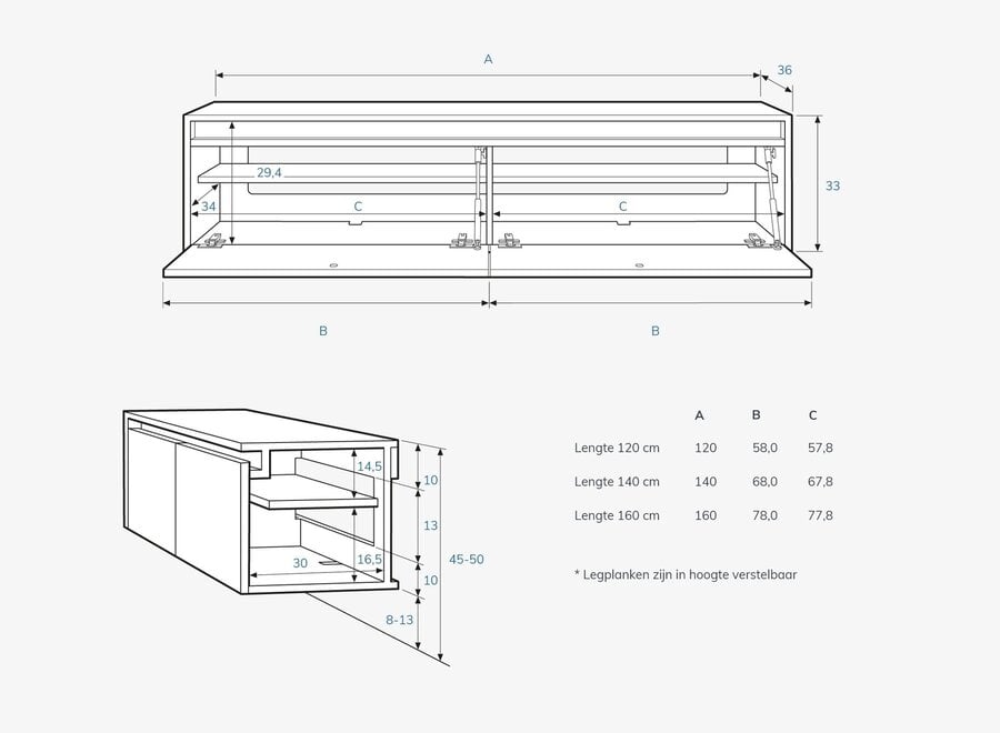 Zwevend tv meubel met 2 kleppen en greeplijst in zwart eiken