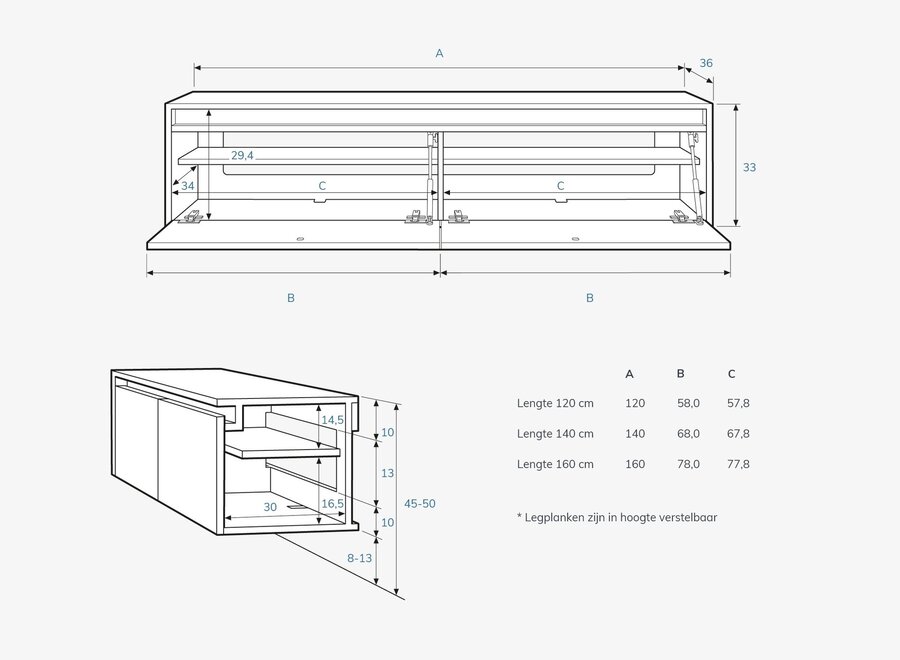 Zwevend tv meubel met 2 kleppen en greeplijst in zwart eiken