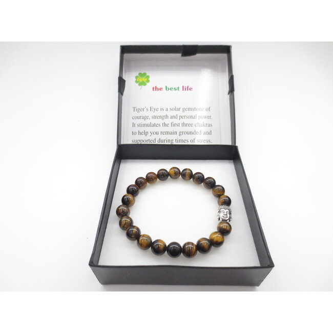 PuurSpirits Tijgeroog Armband met Zilver Boeddhahoofd in Cadeau Doos