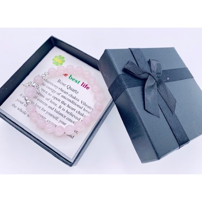 PuurSpirits Rozenkwarts Armband met Zilver Engel in een Luxe Cadeau Doos