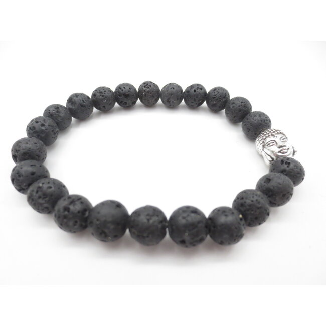 PuurSpirits Armband  Lavasteen  met Zilver Boeddhahoofd