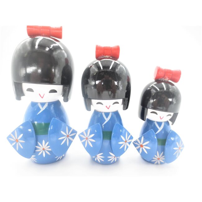 PuurSpirits Kokeshi Japanse Poppen Set van 3 Blauw