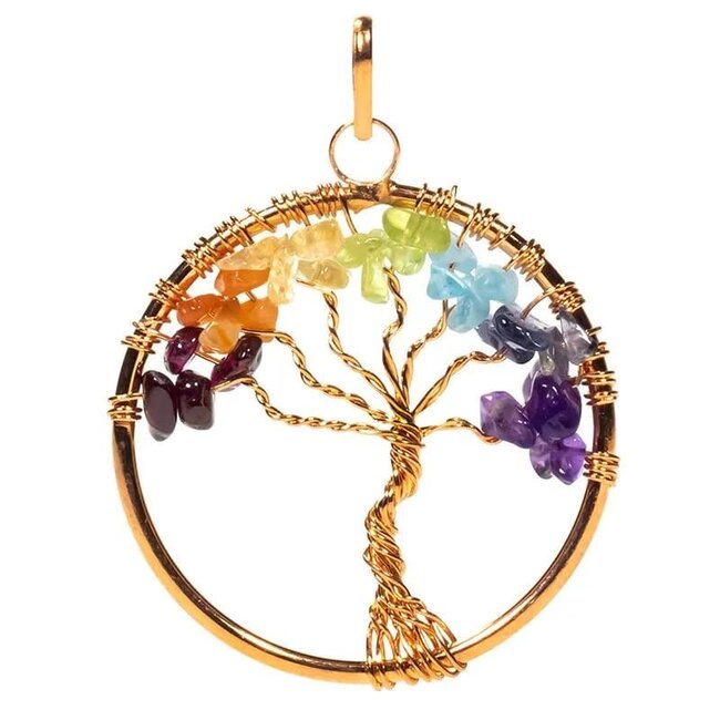 Hanger Chakraboom Goudkleurig met 7 Edelstenen