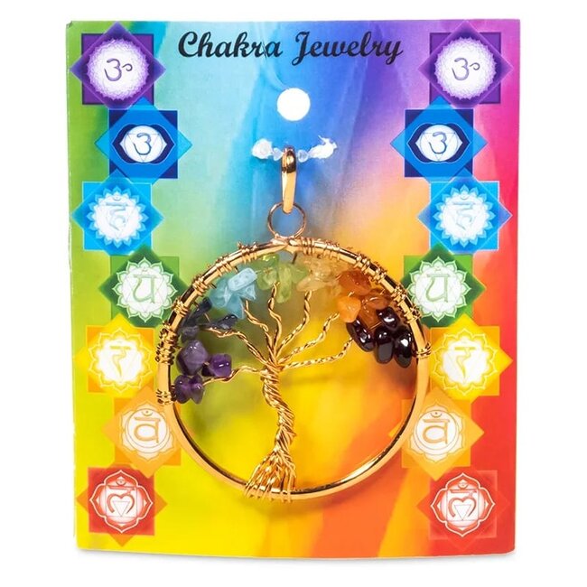 Hanger Chakraboom Goudkleurig met 7 Edelstenen