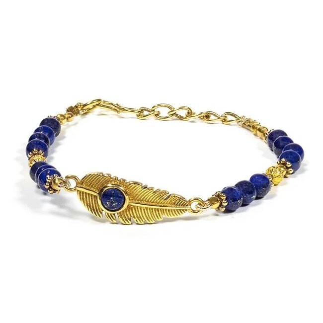 Armband Lapis Lazuli Edelsteen Veer Goudkleurig
