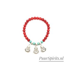 PuurSpirits Rood Koraal Armband met 3 Boeddha Bedels