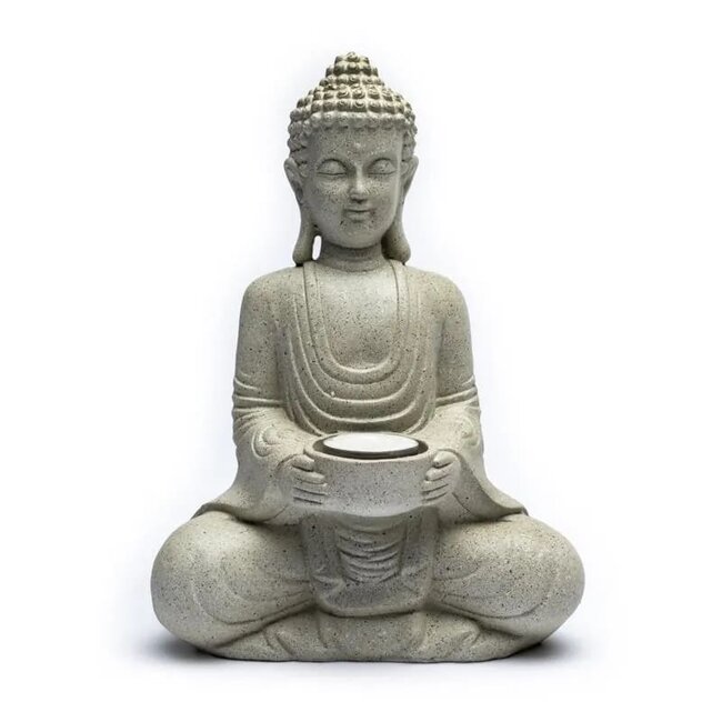 PuurSpirits Meditatie Boeddha met Kaarshouder Steengrijs