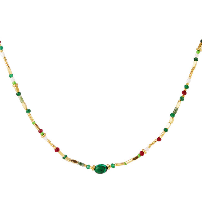 Ketting met Groene Kralen en Parels Goudkleurig