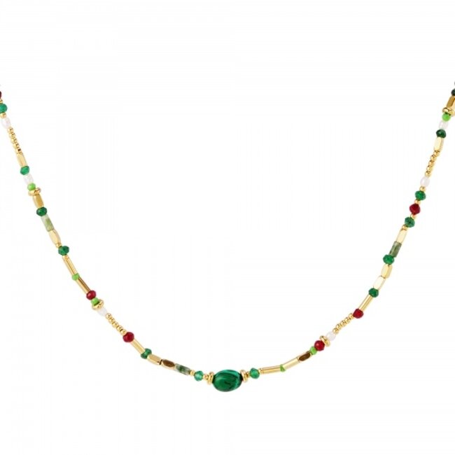 Ketting met Groene Kralen en Parels Goudkleurig
