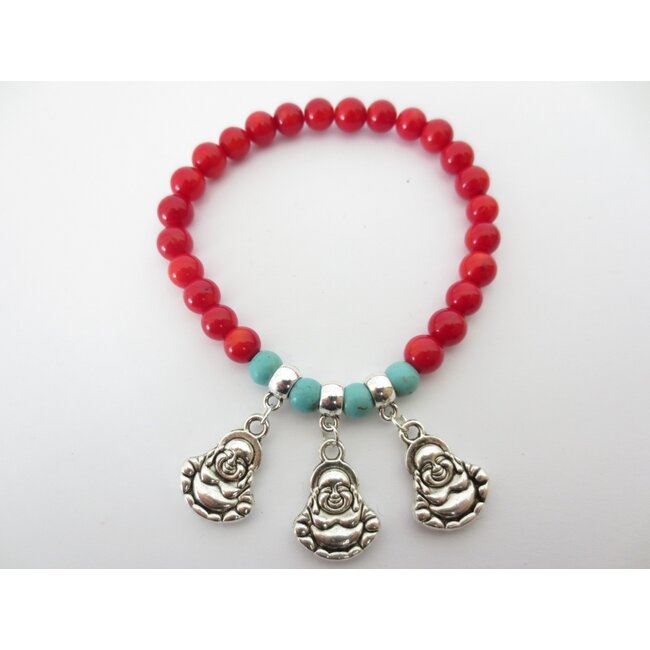 PuurSpirits Rood Koraal Armband met 3 Boeddha Bedels
