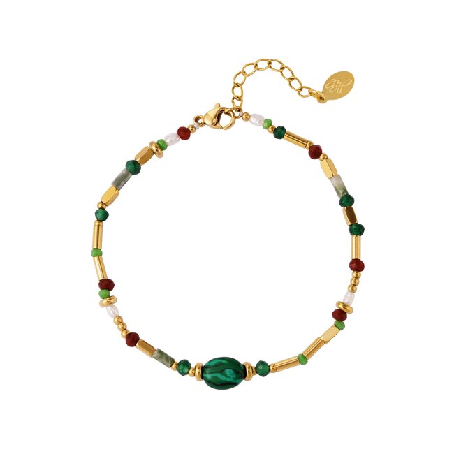 Ketting met Groene Kralen en Parels Goudkleurig