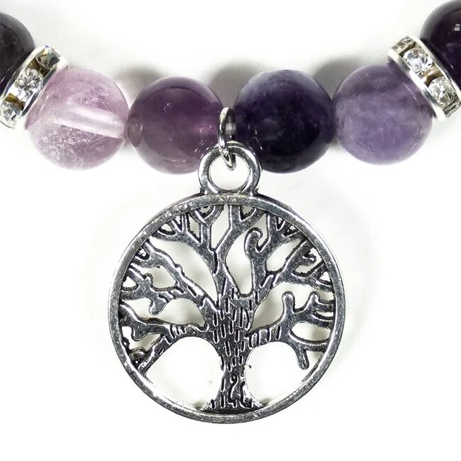 Armband Fluoriet Amethist met Levensboom Bedel