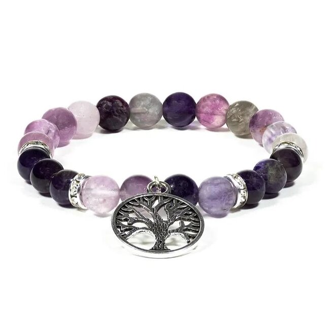 Armband Fluoriet Amethist met Levensboom Bedel