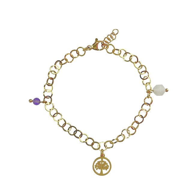 Gouden Levensboom Armband met Aventurijn & Amethist