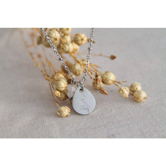 Zwangere Vrouw Ketting met Rozenkwarts - RVS Zilver