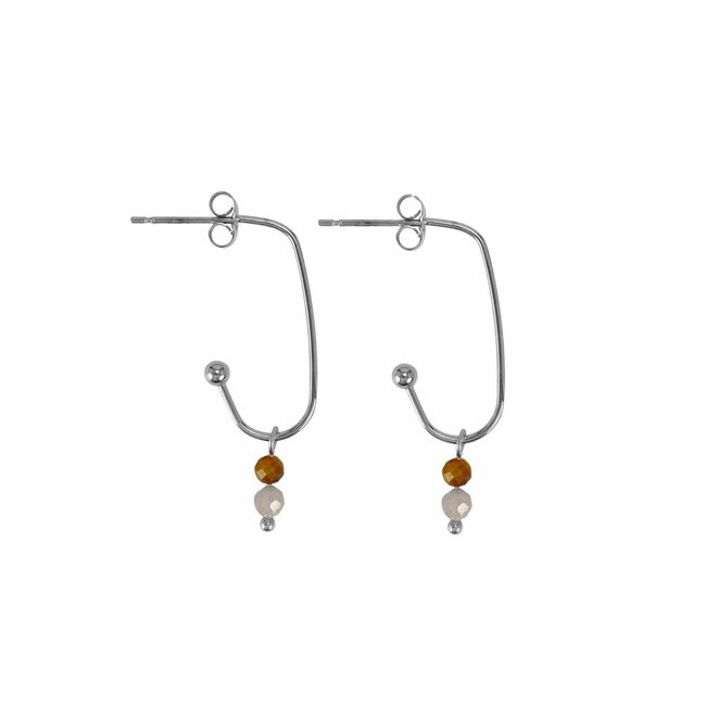 Oorringen Tijgeroog & Kunziet - RVS Zilver