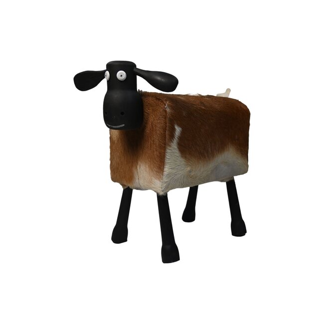 Decor Schaap - 62x58x34cm - Bruin/Wit - Teak/Geitenhuid