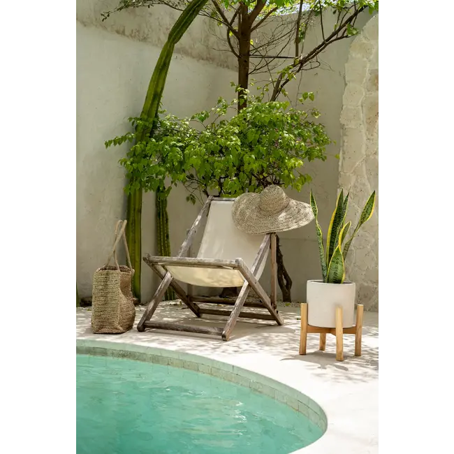 De Chalk Lage Plantenbak - ø28x36cm - Grijs/Naturel - Terracotta/Teakhout