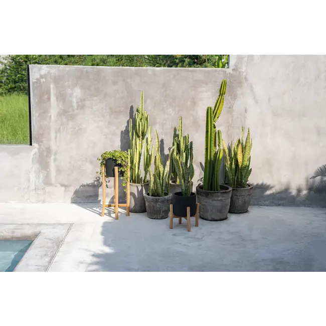 De Charcoal Lage Plantenbak - ø28x36cm - Zwart/Natural - Teakhout/Terracotta