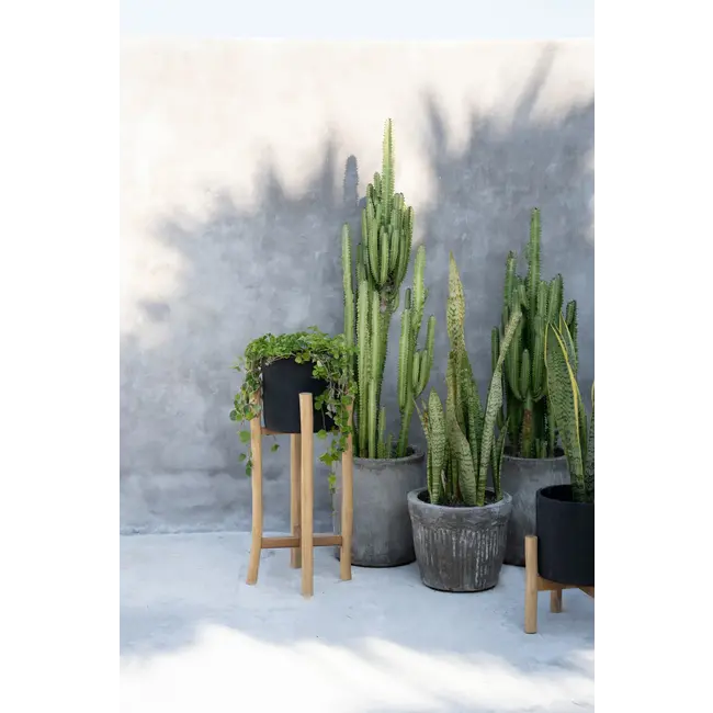 De Charcoal Hoge Plantenbak - ø30x68cm - Zwart/Natural - Teakhout/Terracotta