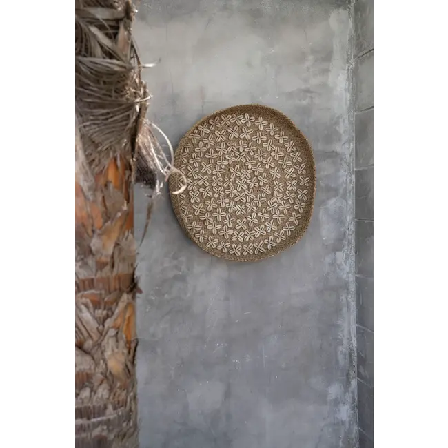 De Costa Shell Plaat Muurdecoratie - ø42x6cm - Naturel/Wit - Schelpen/Gras