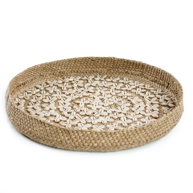 De Costa Shell Plaat Muurdecoratie - ø42x6cm - Naturel/Wit - Schelpen/Gras