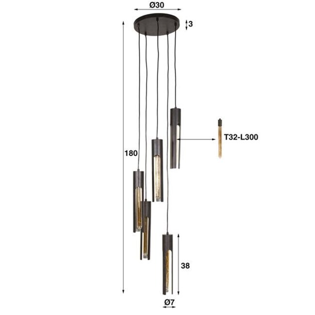 Hanglamp Artic Zwart Metaal Tube Getrapt 5-lichts