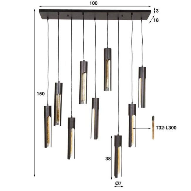 Tube 9L Hanglamp - 100x18x150cm - Artic Zwart - Metaal