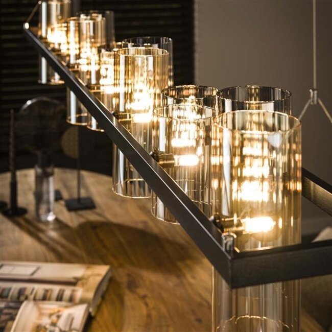 Hanglamp Amber Glas Chroom 14 Lichtpunten - Cylinder