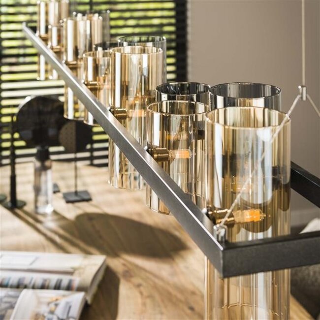 Hanglamp Amber Glas Chroom 14 Lichtpunten - Cylinder