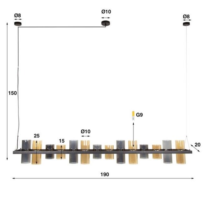 Hanglamp Glas Amber Chroom - Cylinder 14-lichts