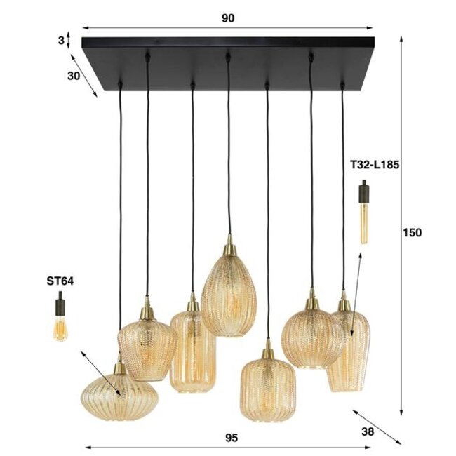 Hanglamp Amber Glas Metaal 7-lichts - V-Shape