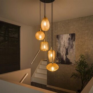 PS-Collection Hanglamp Amber Glas Metaal 5-lichts - V-Shape