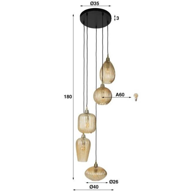 PS-Collection V-Shape Pattern Getrapte 5L Hanglamp - 40x180cm - Amber Glas/Metaal