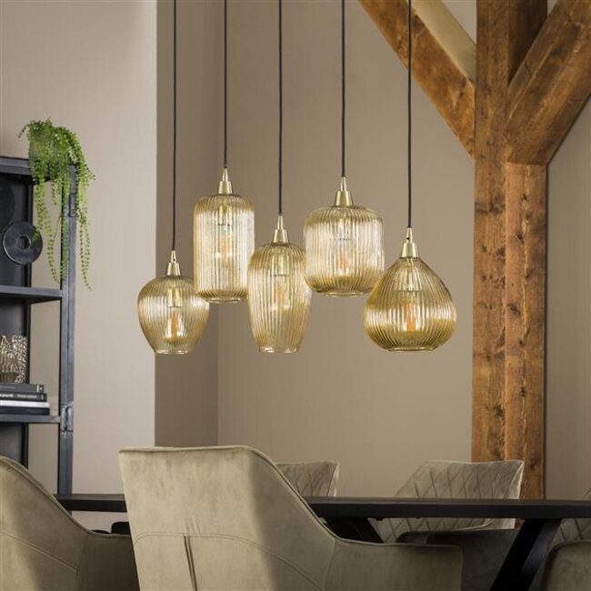 Hanglamp Amber Glas Metaal - Stripe 5-lichts